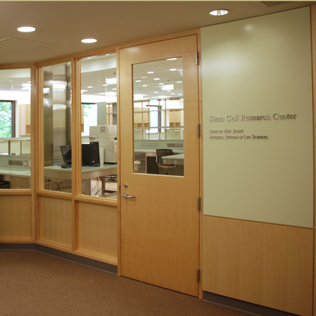 door with glass to the Keck Center